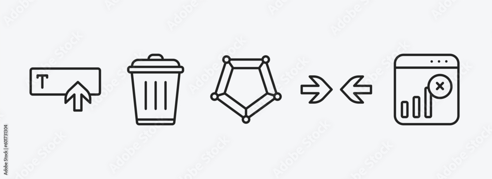 Poster user interface outline icons set. user interface icons such as text in, trash bin, pentagonal chart,