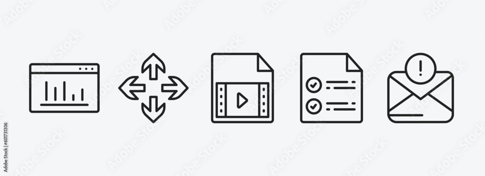 Poster user interface outline icons set. user interface icons such as window graphic, move arrows, video fi