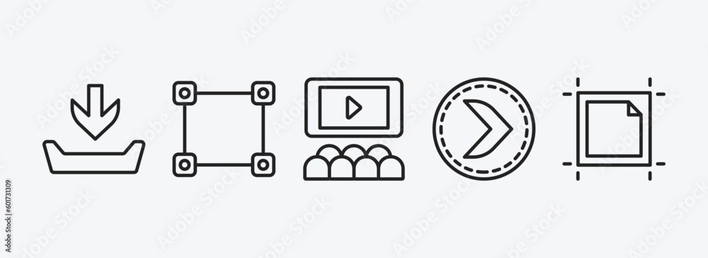 Poster user interface outline icons set. user interface icons such as file inbox, metrize, hall, right butt