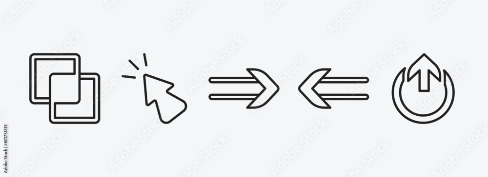 Poster user interface outline icons set. user interface icons such as intersect, cursor arrow, slim right, 