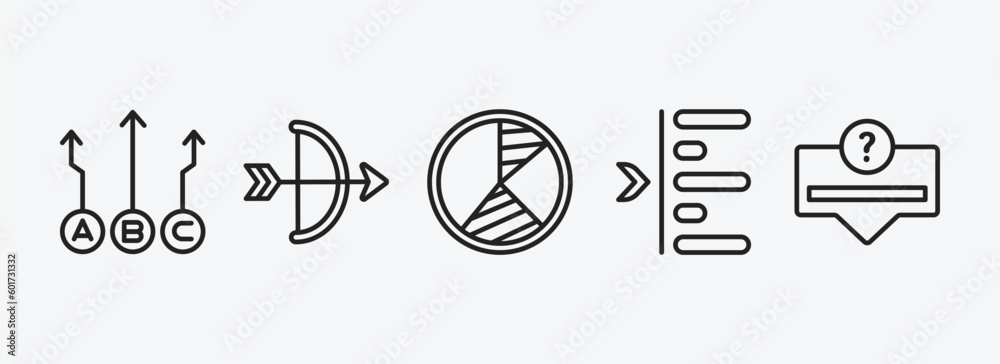 Poster user interface outline icons set. user interface icons such as abc item chart, archer, pie chart org