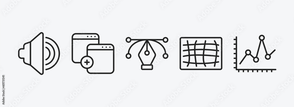 Poster user interface outline icons set. user interface icons such as sound on, new page, anchor point, mes