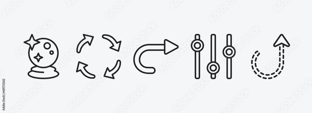 Poster user interface outline icons set. user interface icons such as psychic, rotating arrows, right curve