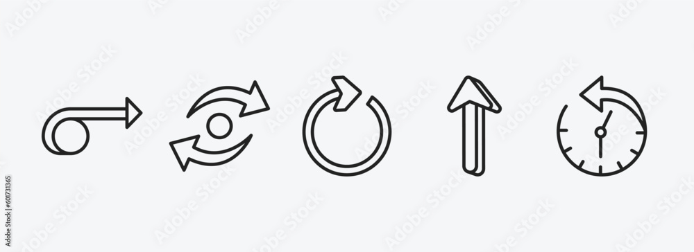 Poster user interface outline icons set. user interface icons such as right turn, data looping interface, c