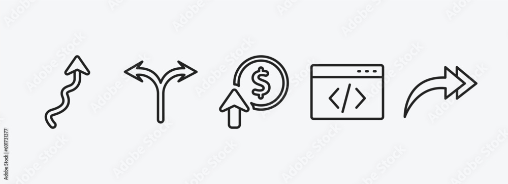 Poster user interface outline icons set. user interface icons such as arrow with scribble, bifurcation, imp
