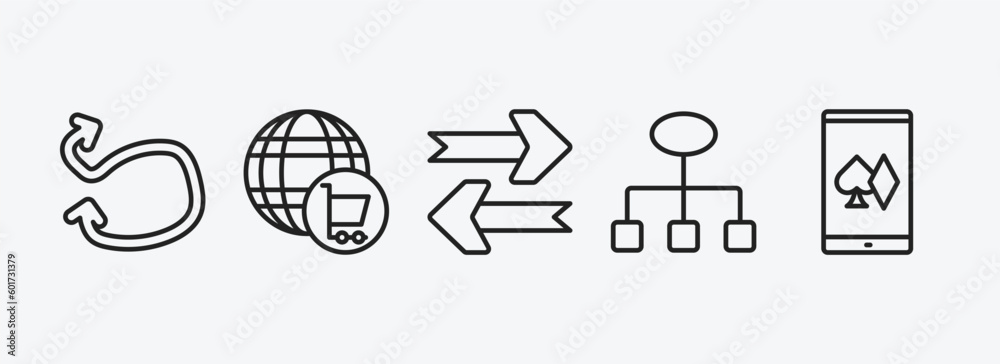 Poster user interface outline icons set. user interface icons such as swirly scribbled arrow, cart interfac