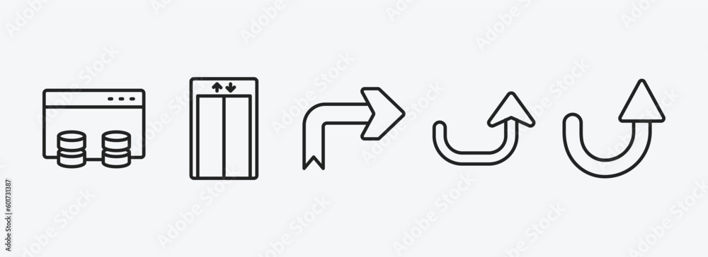 Poster user interface outline icons set. user interface icons such as data windows, lift, right arrow with 