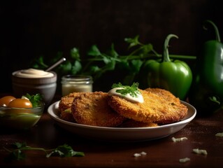 Fototapeta na wymiar fried green tomatoes with a crispy breaded exterior, served with a side of ranch dressing