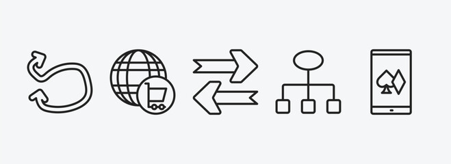 user interface outline icons set. user interface icons such as swirly scribbled arrow, cart interface, updating arrow, simple chart online gambling vector. can be used web and mobile.