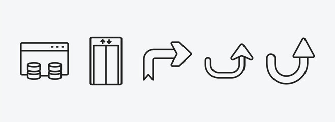 user interface outline icons set. user interface icons such as data windows, lift, right arrow with turn, curved up arrow, semicircular up arrow vector. can be used web and mobile.