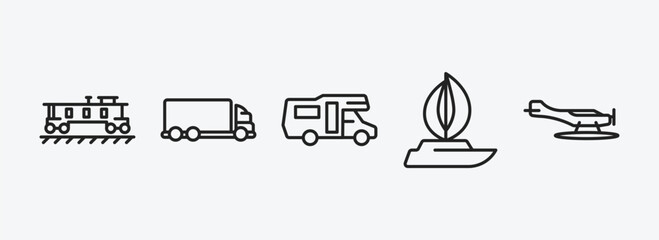transportation outline icons set. transportation icons such as caboose, lorry, camper car, sailboat, hydroplane vector. can be used web and mobile.
