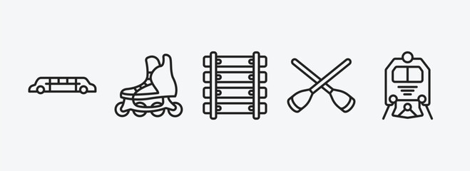 transportation outline icons set. transportation icons such as limousine, inline skates, railway line, rowing, train front vector. can be used web and mobile.