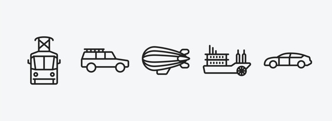 transportation outline icons set. transportation icons such as tram front view, off road, zeppelin, paddlewheeler, automobile vector. can be used web and mobile. - obrazy, fototapety, plakaty