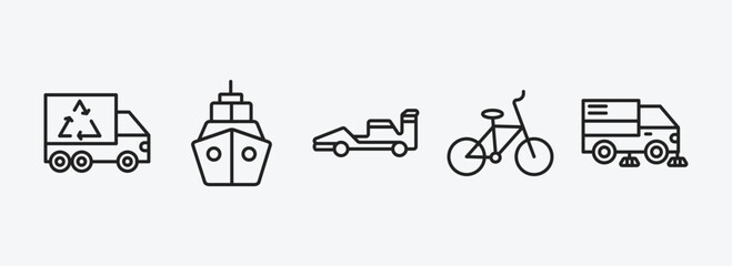 transport outline icons set. transport icons such as recycling truck, boating, formula 1, bicycle side view, road sweeper vector. can be used web and mobile.