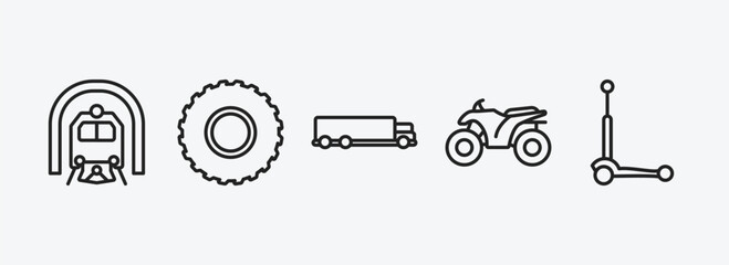 transportation outline icons set. transportation icons such as train in a tunnel, all terrain, truck, quad, micro scooter vector. can be used web and mobile.