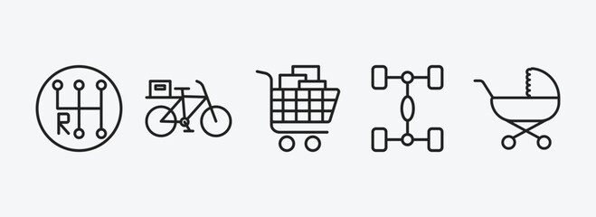 transport outline icons set. transport icons such as gearshift, delivery bike, cart with boxes, chassis, babysitter vector. can be used web and mobile.