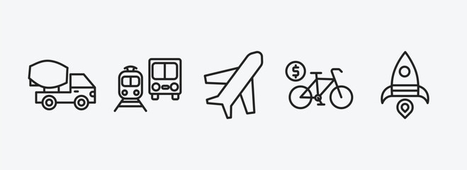transport outline icons set. transport icons such as cement truck, public transportation, airplane pointing up, bicycle rental, space rocket launch vector. can be used web and mobile.