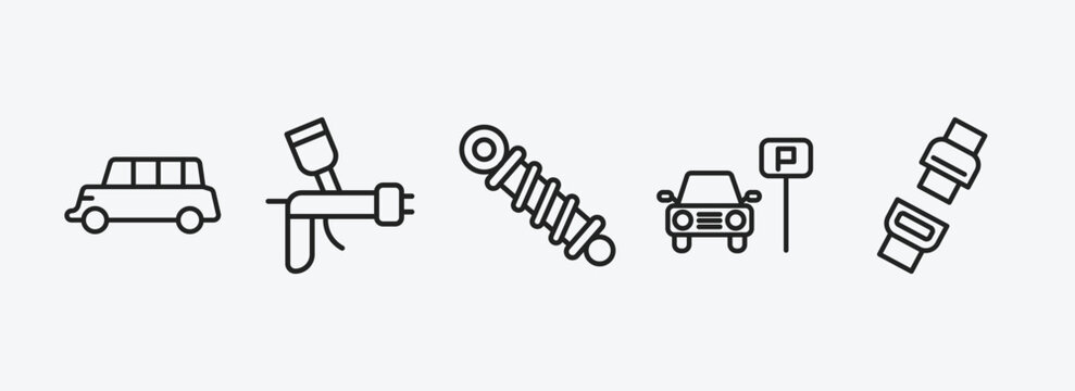transport outline icons set. transport icons such as long car, car painting, shock breaker, car parking, seatbelt vector. can be used web and mobile.