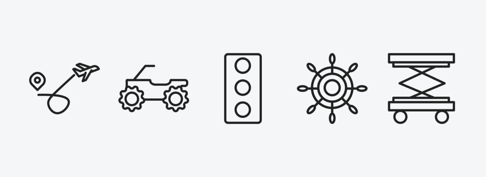 transport outline icons set. transport icons such as airplane flying, quad bike, car traffic, ship wheel, lifter vector. can be used web and mobile.