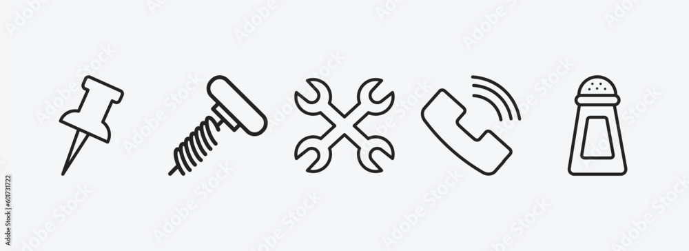 Poster tools and utensils outline icons set. tools and utensils icons such as tack save button, auger, cros