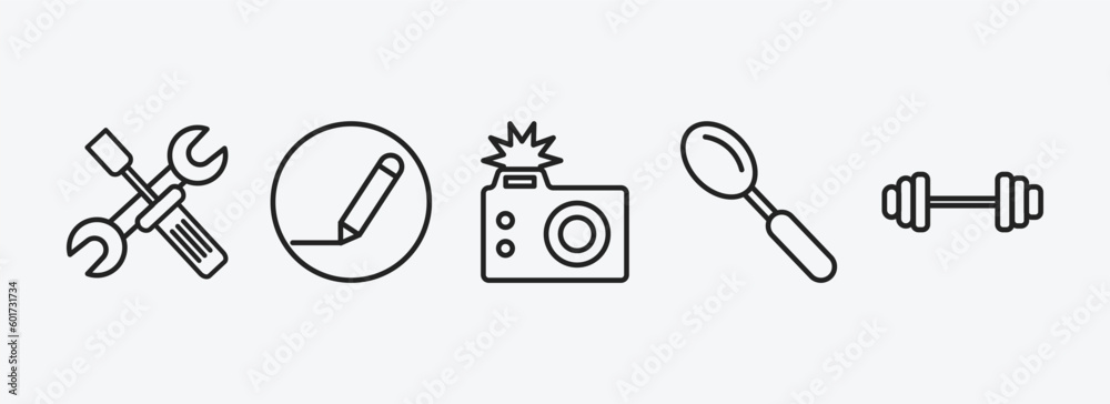 Poster tools and utensils outline icons set. tools and utensils icons such as reparation, edit tools, camer