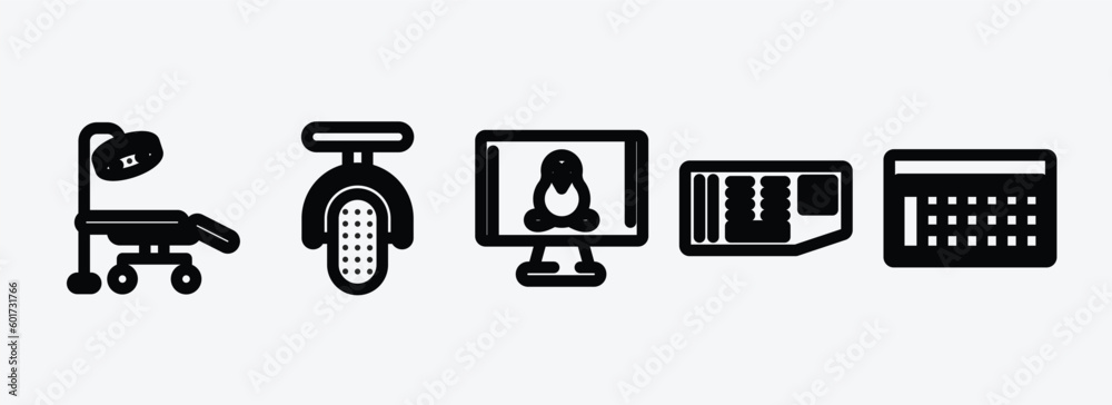 Poster technology outline icons set. technology icons such as operating table, microphone interface, comput
