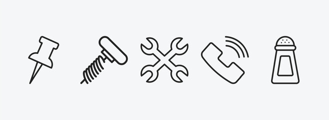 tools and utensils outline icons set. tools and utensils icons such as tack save button, auger, cross wrench, ringing, pepper container vector. can be used web and mobile.
