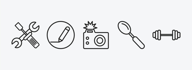 tools and utensils outline icons set. tools and utensils icons such as reparation, edit tools, camera with flash, large spoon, exercise with dumbbells vector. can be used web and mobile.