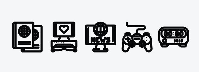 technology outline icons set. technology icons such as international passport, electrocardiogram line, world news, gamepad with cable, kitchen timer vector. can be used web and mobile.