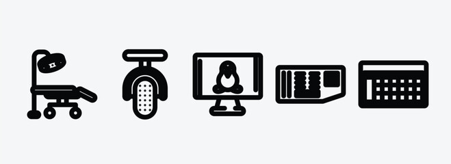 technology outline icons set. technology icons such as operating table, microphone interface, computer screen linux, circuit board, spreadsheet vector. can be used web and mobile.