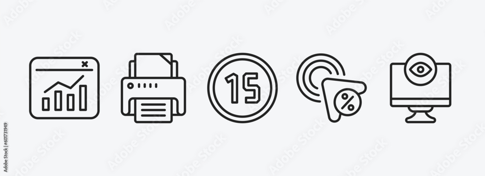 Poster technology outline icons set. technology icons such as data visualization, office printer, digital n