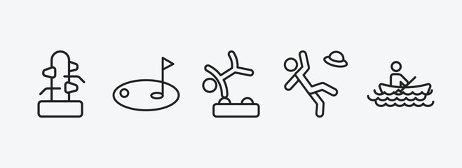 sports outline icons set. sports icons such as wing chun, golf, gymnastics, man losing hat, man in canoe vector. can be used web and mobile.