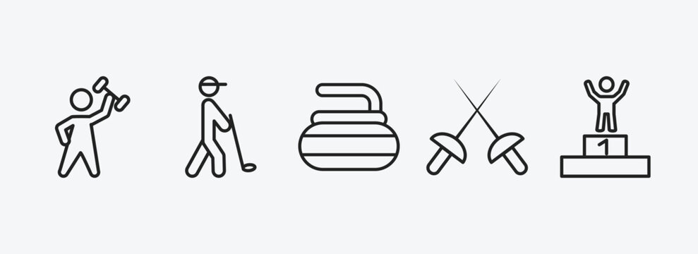 sports outline icons set. sports icons such as dumbbell for training, golf player hitting, curling, fencing, number one athlete vector. can be used web and mobile.