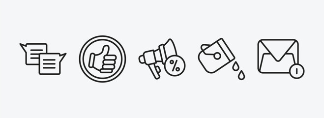social media marketing outline icons set. social media marketing icons such as square bubble, quit a social like, promotion, fill, message vector. can be used web and mobile.