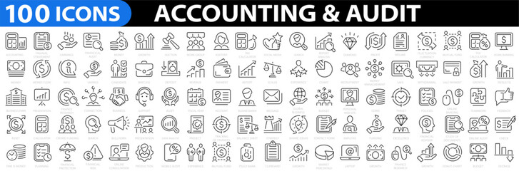 Accounting and audit icon set. Taxes and accounting line icons collection. Check and audit line icons collection. Containing financial statement, accountant, financial audit. Vector illustration