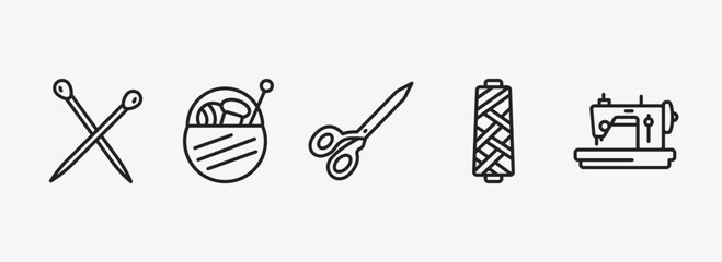sew outline icons set. sew icons such as pins, sewing basket, scissors, spool of thread, sewing hine vector. can be used web and mobile.