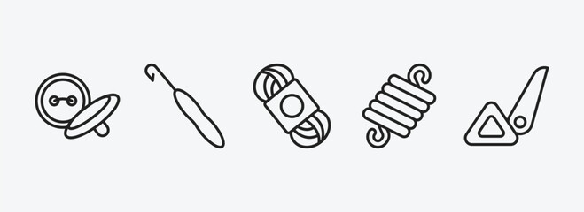 sew outline icons set. sew icons such as button, crochet hook, wool, wire coil, sewing marker vector. can be used web and mobile.