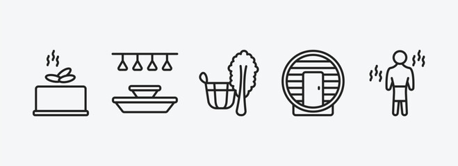 sauna outline icons set. sauna icons such as earth sauna, light stimulation, vasta, hideaway, vascular workout vector. can be used web and mobile.