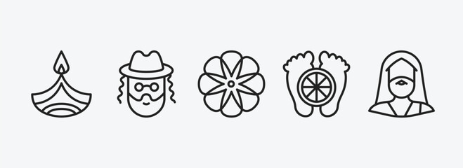 religion outline icons set. religion icons such as dipa, rabbi, flowers, feet, moses vector. can be used web and mobile.