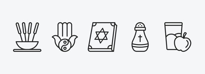 religion outline icons set. religion icons such as incense, karma, torah book, religious salt, diet vector. can be used web and mobile.