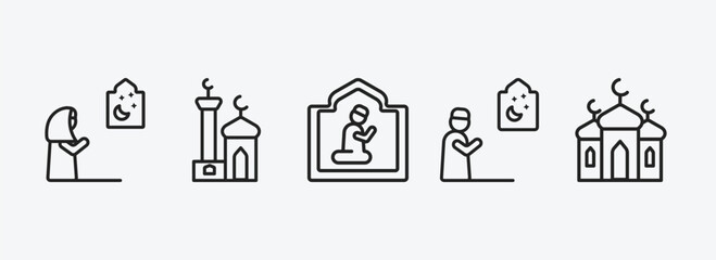 religion outline icons set. religion icons such as muslim woman praying, small mosque, islamic pray, muslim man praying, islamic mosque vector. can be used web and mobile.