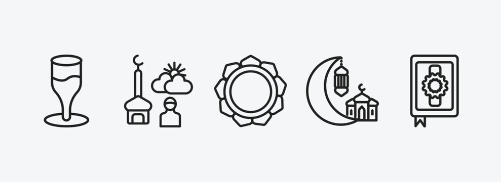 religion outline icons set. religion icons such as goblet, fajr dawn prayer, buddhism, islamic ramadan, mushaf vector. can be used web and mobile.