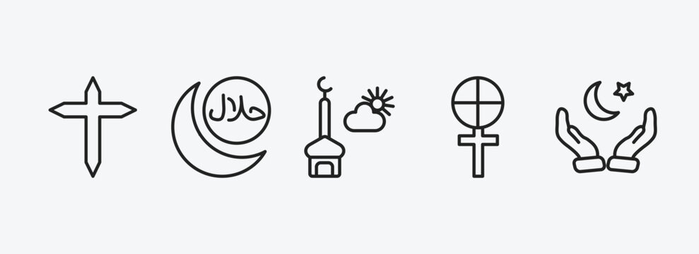 religion outline icons set. religion icons such as cross, islamic halal, assr, gticism, muslim praying hands vector. can be used web and mobile.
