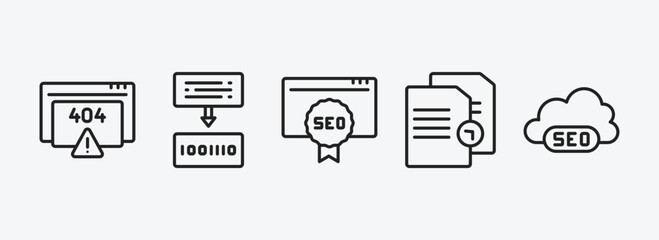 programming outline icons set. programming icons such as error 404, compiler, seo ranking, duplicate, seo cloud vector. can be used web and mobile.