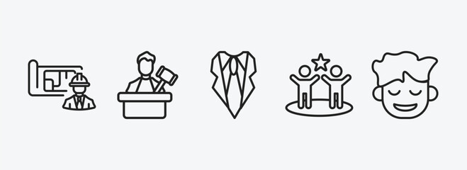 people outline icons set. people icons such as architect, judge with hammer, elegance, team success, relieved smile vector. can be used web and mobile.