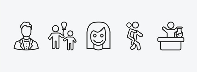 people outline icons set. people icons such as bestman, man child and balloons, girl smile, give a piggy back ride, chemist working vector. can be used web and mobile.