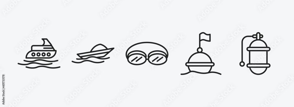 Wall mural nautical outline icons set. nautical icons such as yatch, speed boat, swin goggle, buoy, air tank vector. can be used web and mobile.