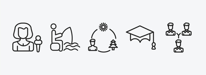 people outline icons set. people icons such as foreign reporter, sitting man fishing, ecosystem, students graduation hat, business partnership vector. can be used web and mobile.