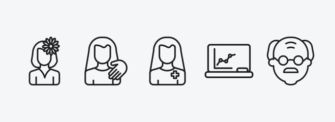 people outline icons set. people icons such as woman with flower, sexual harassment, pacient, classroom stats, old man vector. can be used web and mobile.