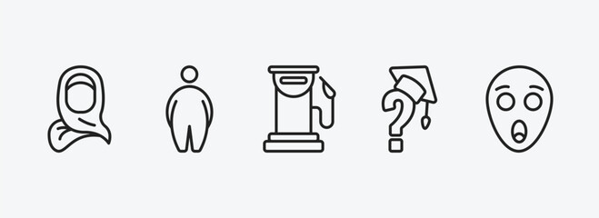 other outline icons set. other icons such as woman with hijab, overweight, fuel service, graduation's questions, scared smile vector. can be used web and mobile.